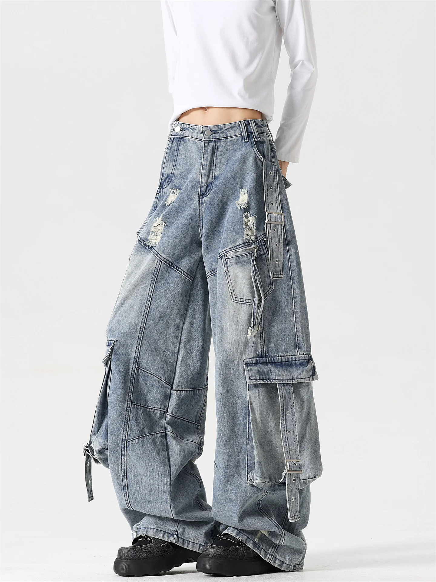 American Style Heavyweight Deconstructed Sash Workwear Denim Jeans Men's Women's Autumn Trendy High Street Multi Pocket Hole ...