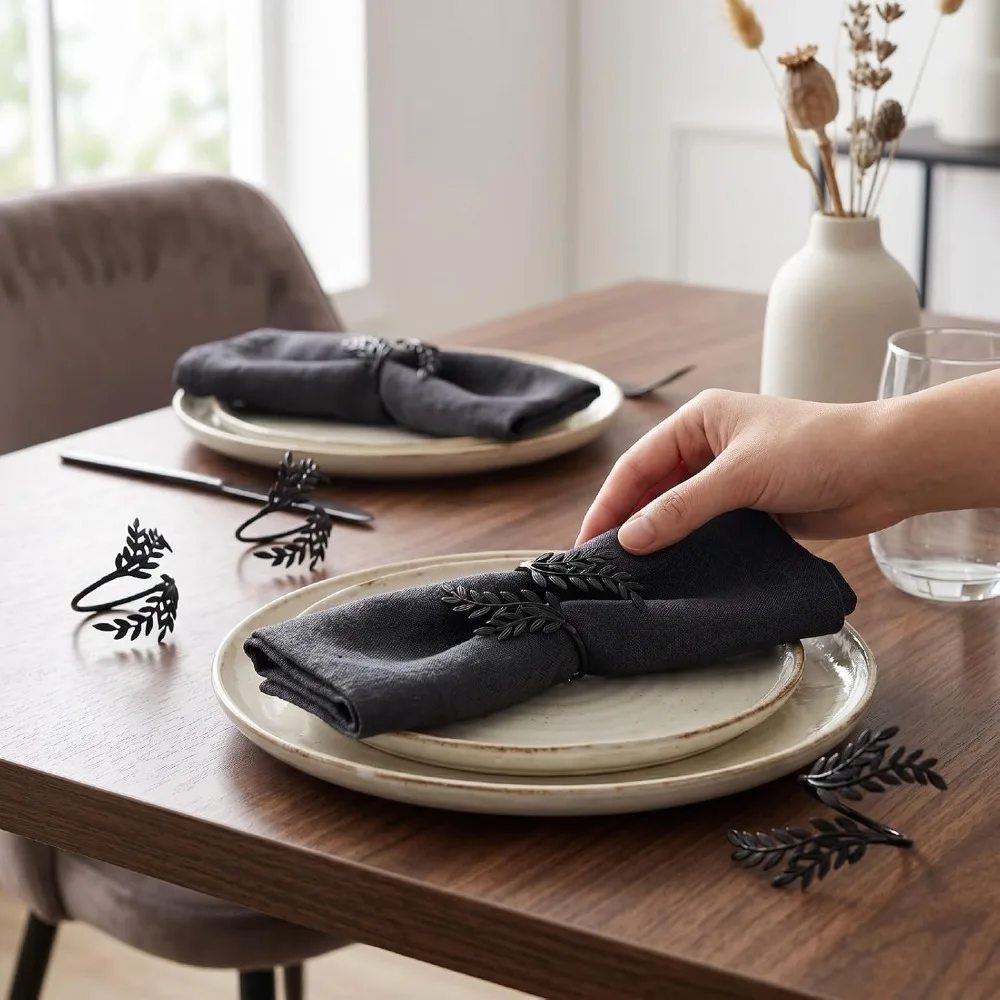 6 pcs Black Leaf Napkin Rings Metal Construction Black Wheat Ear Design Metal Napkin Holders Decorative Twist