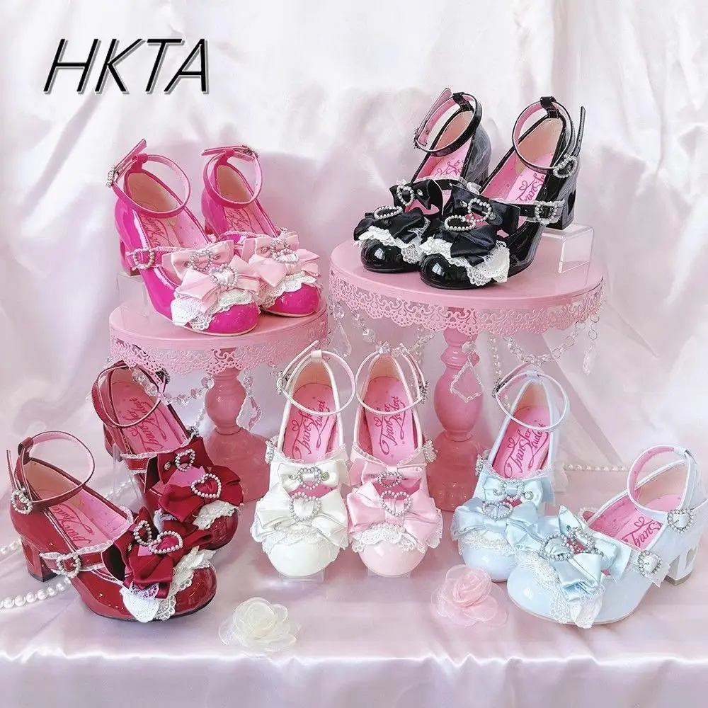 

Ancient Sweet and Cute Hollow Heel Pink Mary Jane Shoes Women Fashion Lace Bow Pearl Tower Buckle Lolita High Heel Pumps Ladies
