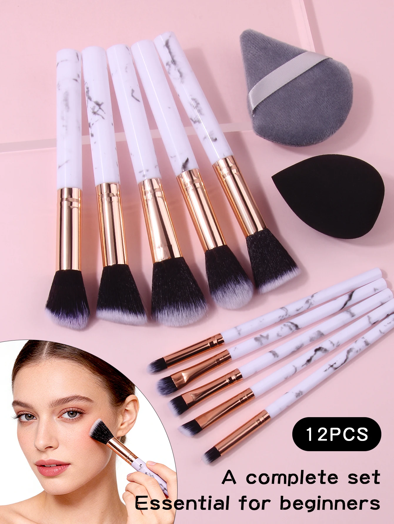Marble Pattern Makeup Brush Set Soft Bristle Blush & Eyeshadow Brush Beginner Affordable Beauty Tool with Puff & Beauty Sponge