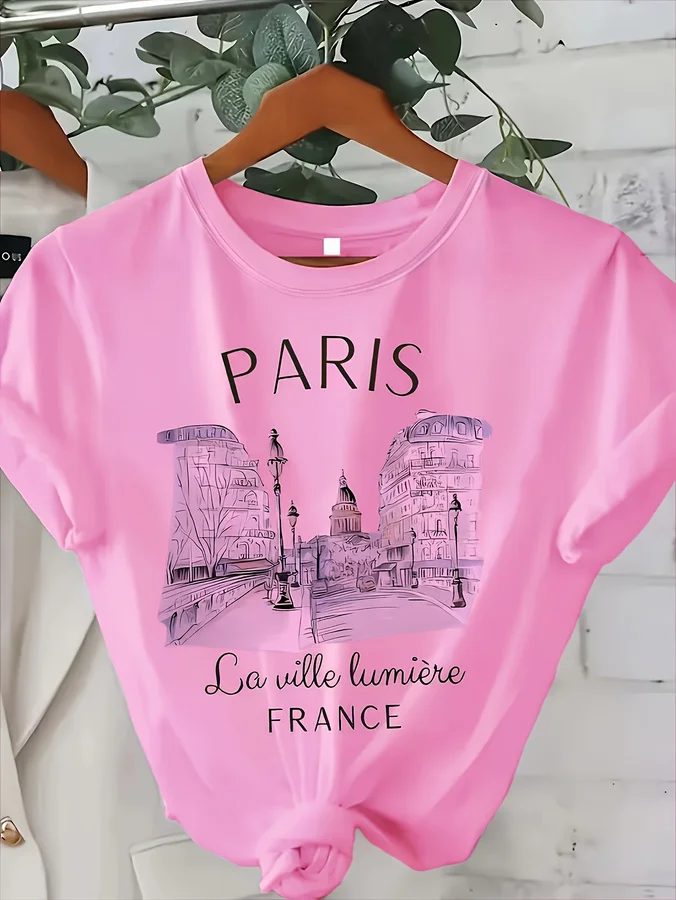 2026 New Women's Paris Print Crew Neck T-Shirt - Casual Loose Fit Short Sleeve Top with Eiffel Tower & French Lettering Design