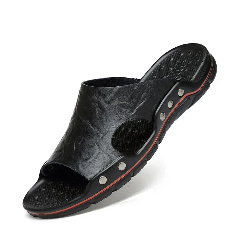 YRZL Herren-Sandalen, PU-Leder, klassische Sommer-Herren-Hausschuhe, weiche schwarze Hausschuhe, große Hausschuhe, leichte EVA-Slides für Herren – Detail 1