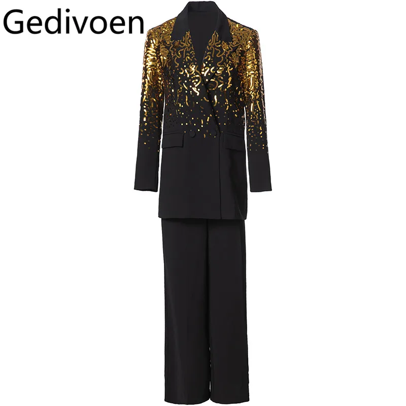 Gedivoen Autumn/Winter luxury Suit Women's Notched Sequins Double-Breasted Tops+Black Wide leg pants Elegant 2 piece set