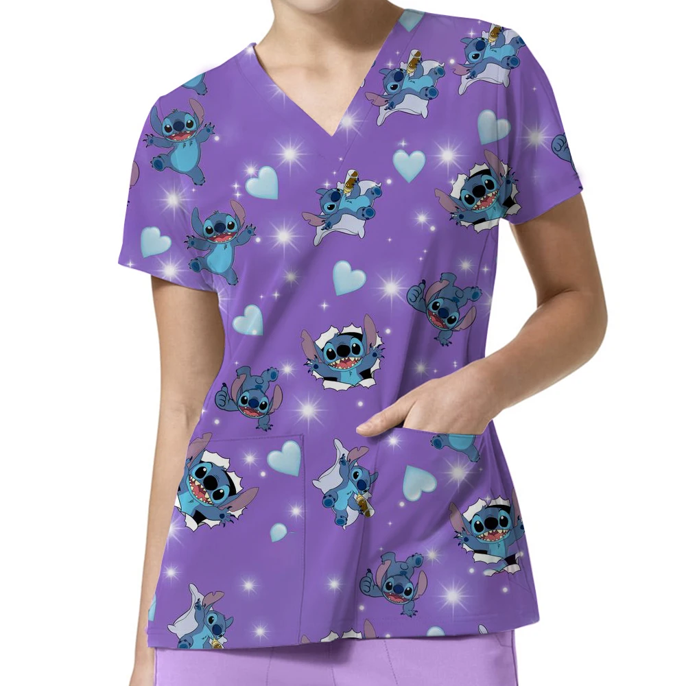 الصيف ديزني غرزة تي شيرت المرأة جيب طويل المحملة الفتيات قصيرة الأكمام ملابس المستشفى الخامس الرقبة ممرضة موحدة تي شيرت الكرتون الأعلى #6