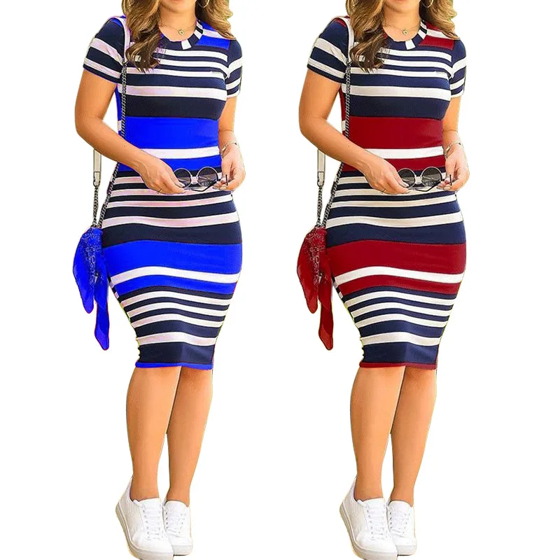 Causal Women 2024 Crew Neck Striped Short Sleeve Dress Office Ladies Dresses For Women Robe Femme