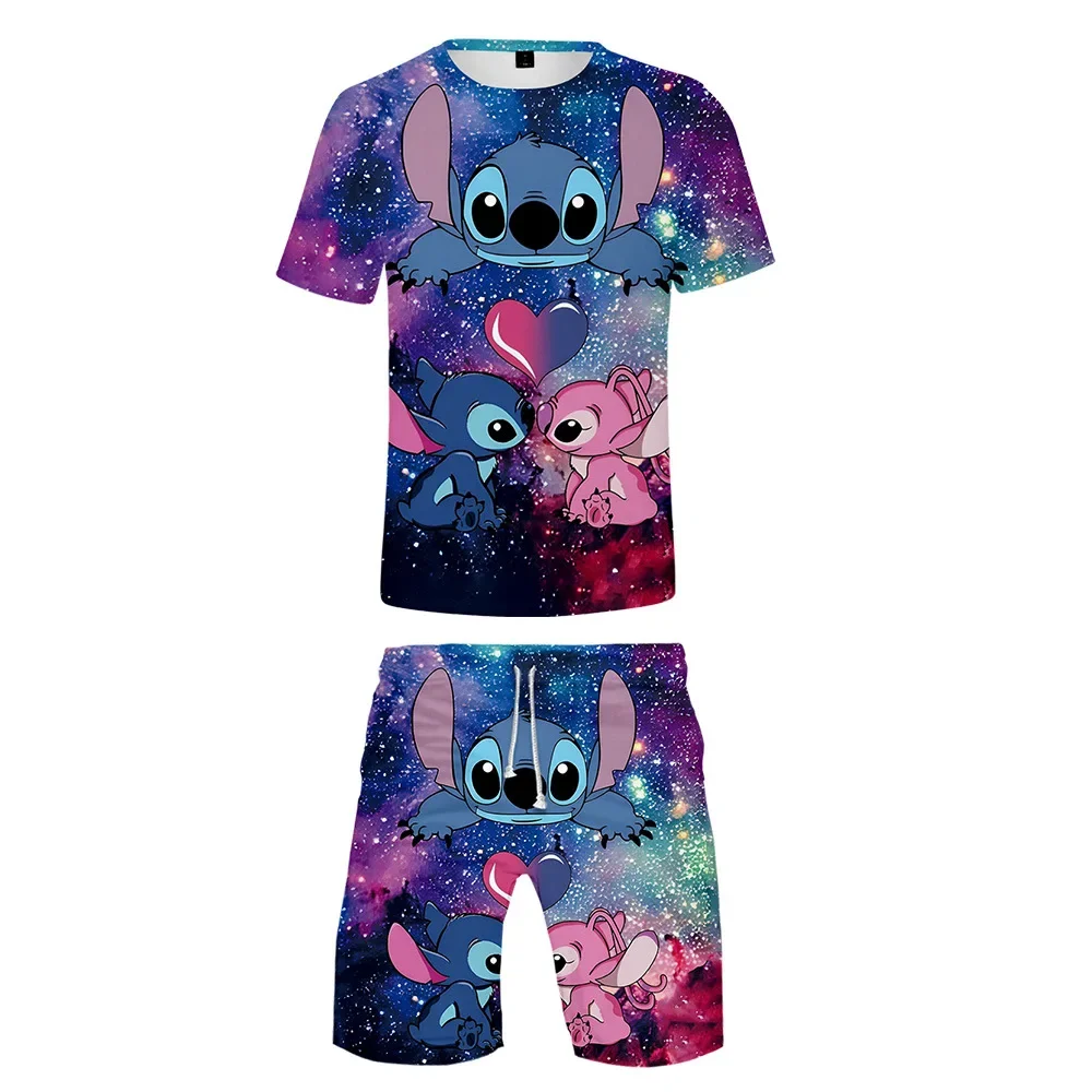 MINISO Disney 3D Stitch Digital Printing Pattern Boys and Girls Game Short-sleeved T-shirt Shorts Suit Children's Clothing