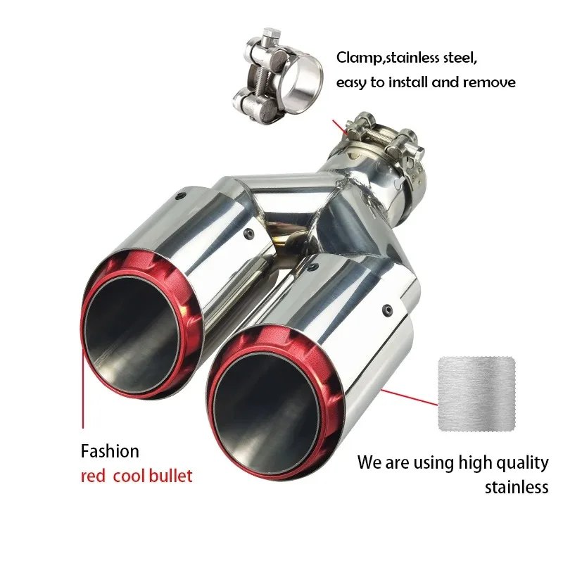 

Bullet Style Stainless Steel Double Outlet Exhaust Tips Red Car Rear Exhaust Modification Decoration Car Pipe Factory Export New
