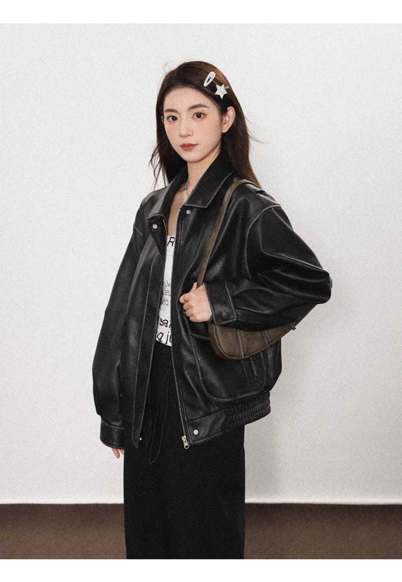 Lautaro Spring Autumn Cool Handsome Soft Vintage Distressed Brown Pu Leather Jacket Women Long Sleeve Luxury Designer Clothing