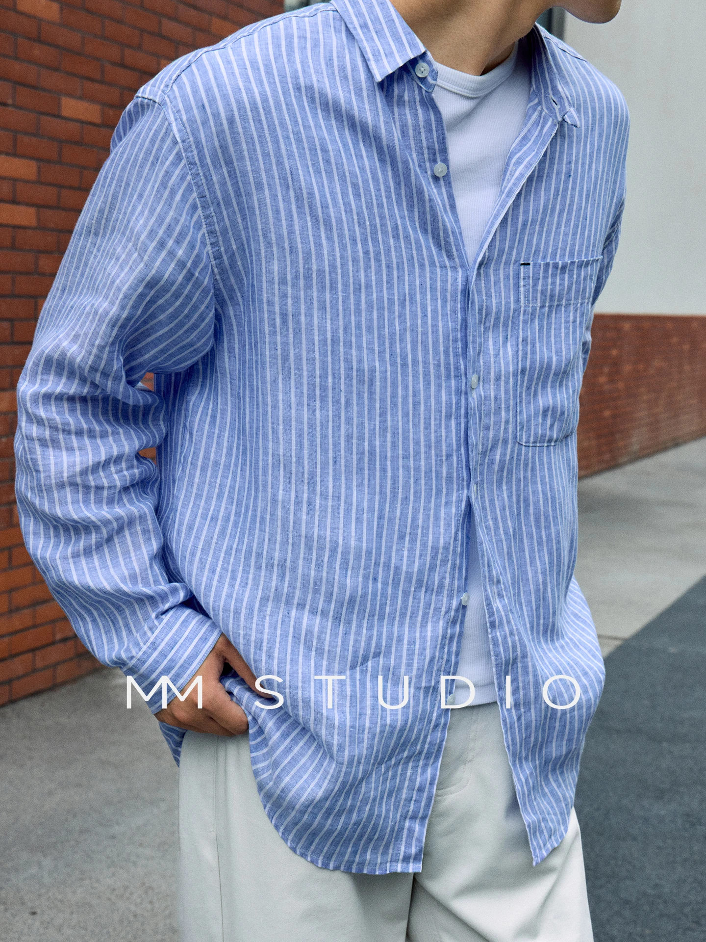 Natural Linen Long Sleeve Shirt Men Casual Commute Loose Fit Stripe Pattern Breathable Comfortable Business Gentleman Style