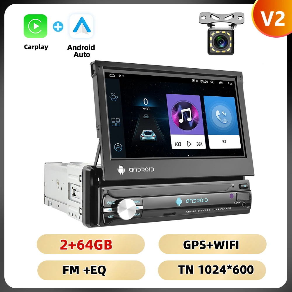 Podofo 1Din 7 ''Auto Multimedia Speler 8 + 128G 8Core Autoradio Carplay Android Auto WIFI GPS Navigatie Intrekbaar Scherm Stereo