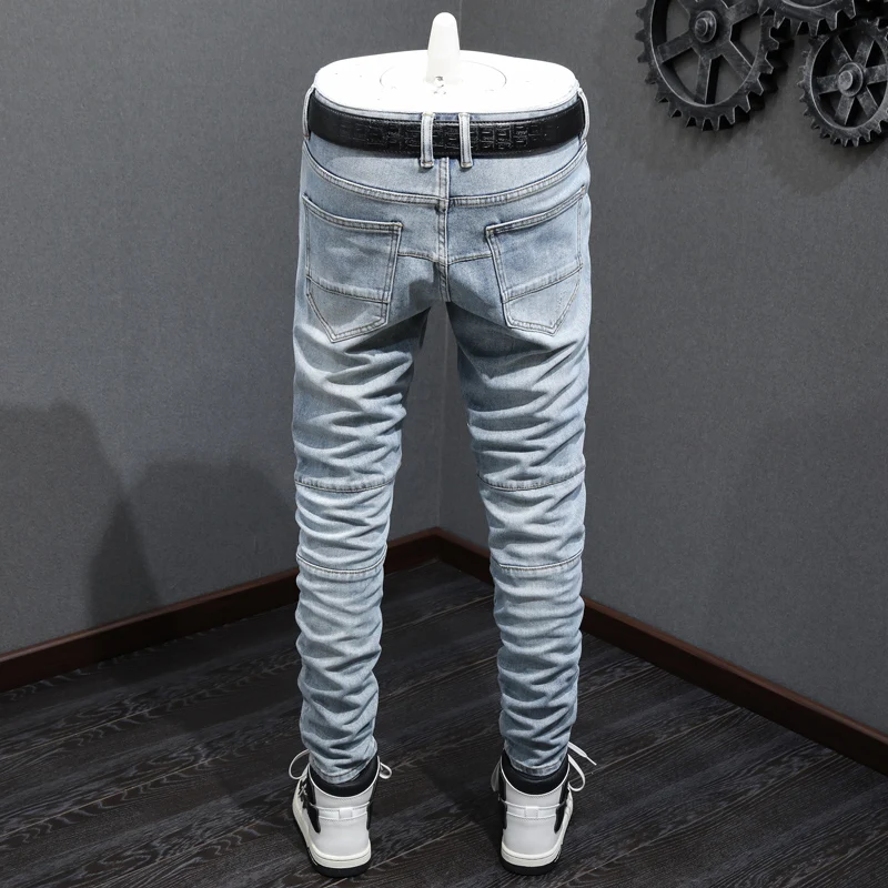 Street Fashion Men Jeans Retro Light Blue Elastic Stretch Slim Fit Spliced Designer Biker Jeans Men Pocket Patched Hip Hop Pants