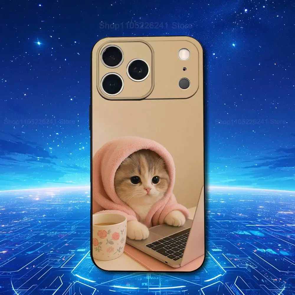Emoji Art Tired Cat For iPhone 13,17,11,12,16,14,15,Plus,Pro Max,XS,X,XR,SE,Mini,8,7,Soft Silicone Black Phone Case