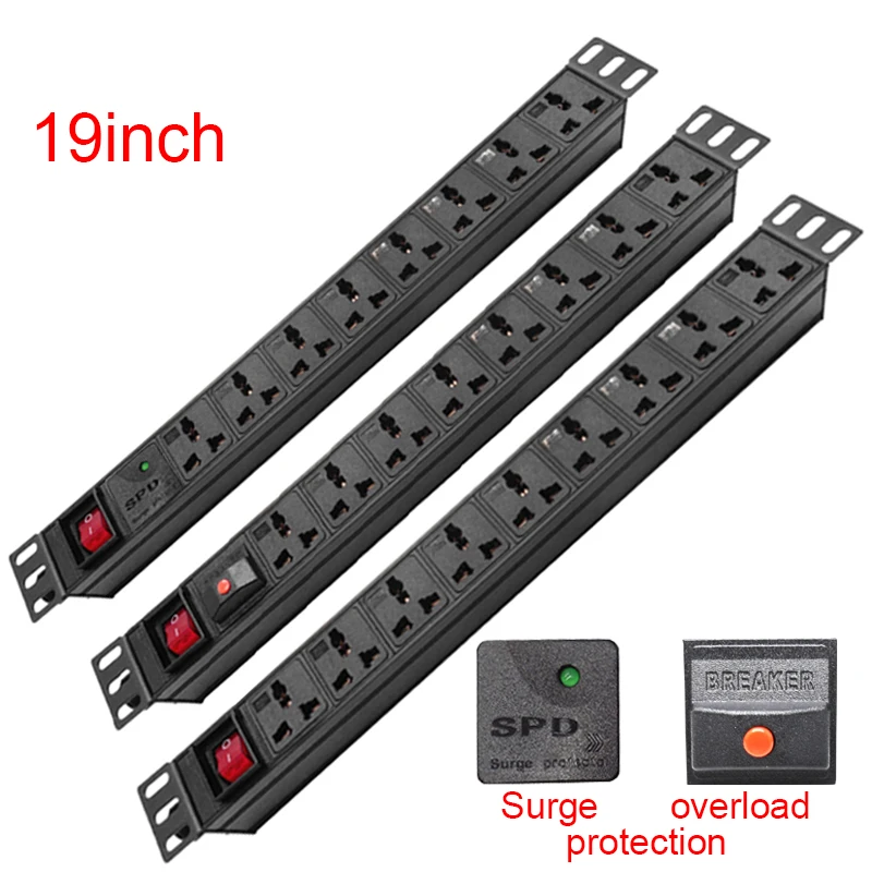 19inch Network cabinet rack PDU power strip 8Ways Universal Socket Outlets Surge overload protection double break switch