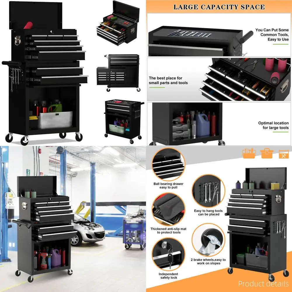 Baú de ferramentas de rolamento de alta capacidade com 8 gavetas, armazenamento de armário removível, caixa de ferramentas com rodas e destacável para organização final