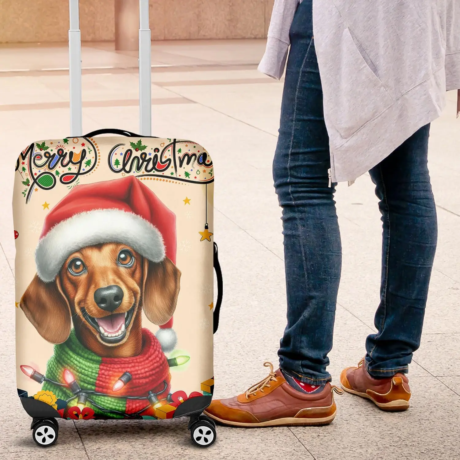 Merry Christmas Santa Dachshund Scarf Twinkling Lights Xmas Holiday Travel Luggage Cover Wiener Dog Lover Gifts
