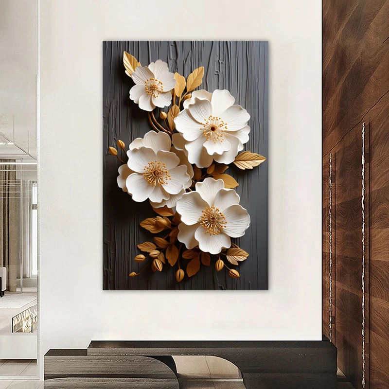 One Piece White Flower Posters Canvas Prints Abstract Golden Leaf Painting Wall Picture for Living Room Home Decoration NO FRAME