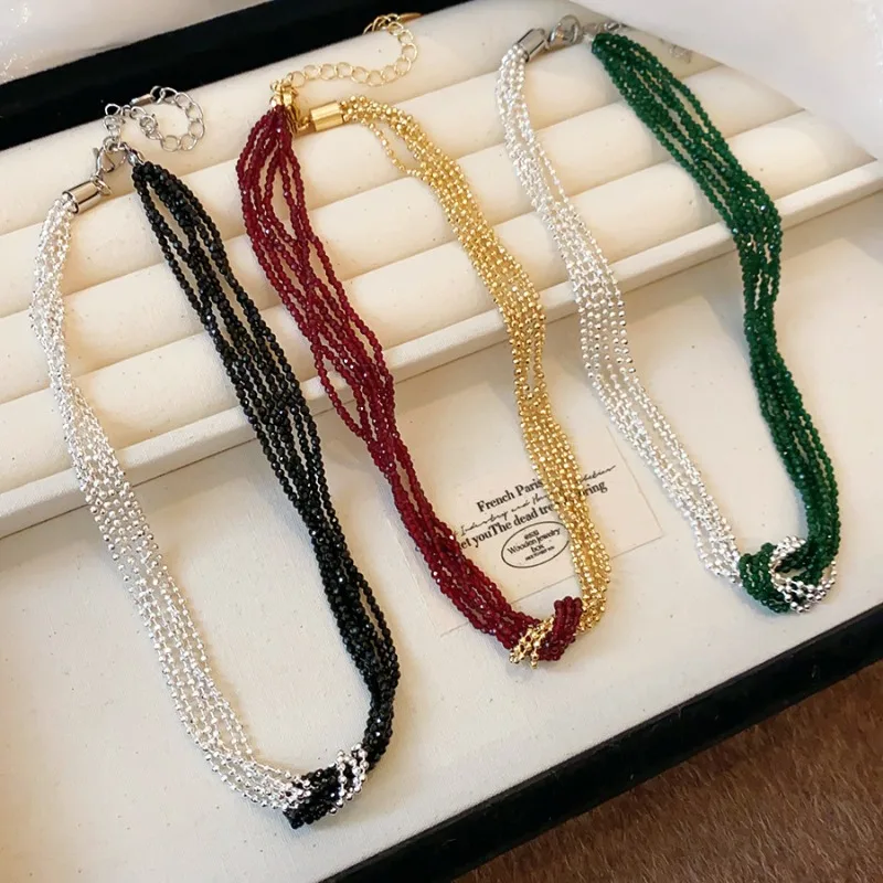 Minar Charming Double Color Glass Beads Twist Knotted Thread Asymmetric Beaded Necklace for Women Multi Layers Chokers Wholesale