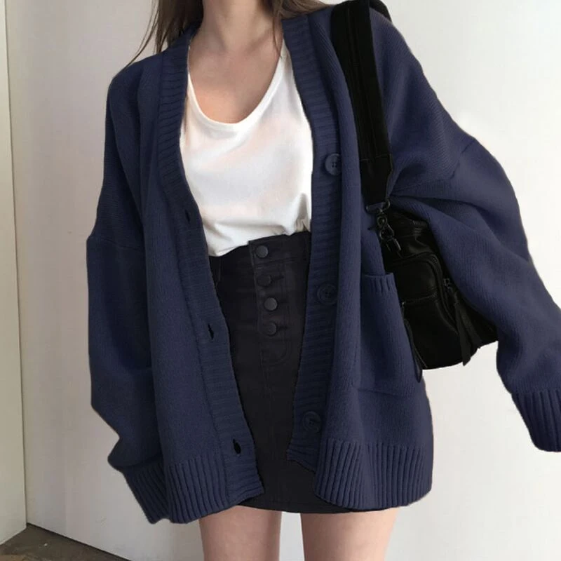 Autumn clothes Outdoor Top Navy Blue Knit cardigan Loose Outer Wear Khaki Idle Sle Black Sweater Outerwear Women