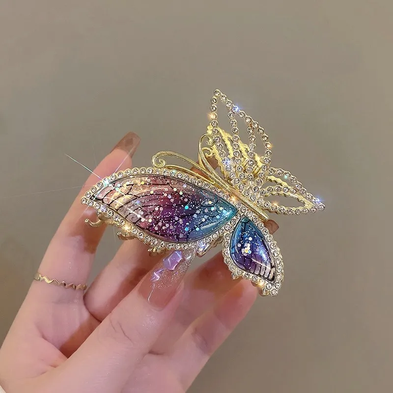 Crystal Butterfly Small Clasp Clip for Women's Summer High Grade and Exquisite Hairpin with Shark Clip on the Back of the Head