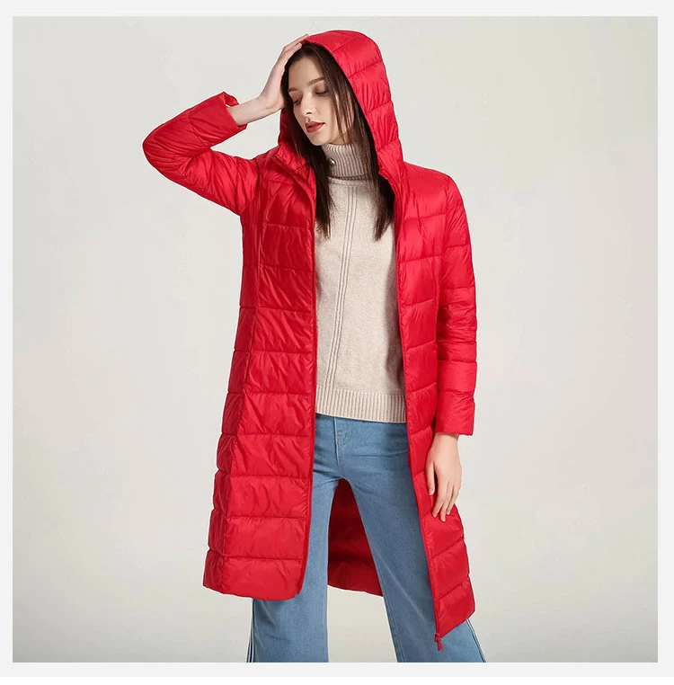 Schinteon Women Ultralight White Duck Down Long Jacket with Hood Casual Slim Autumn Winter Outwear 2026 New
