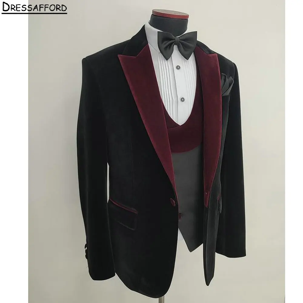 Black Velvet Men Suits For Wedding Groom Tuxedos 3 Pieces Jacket Vest Pants Prom Blazers Customized