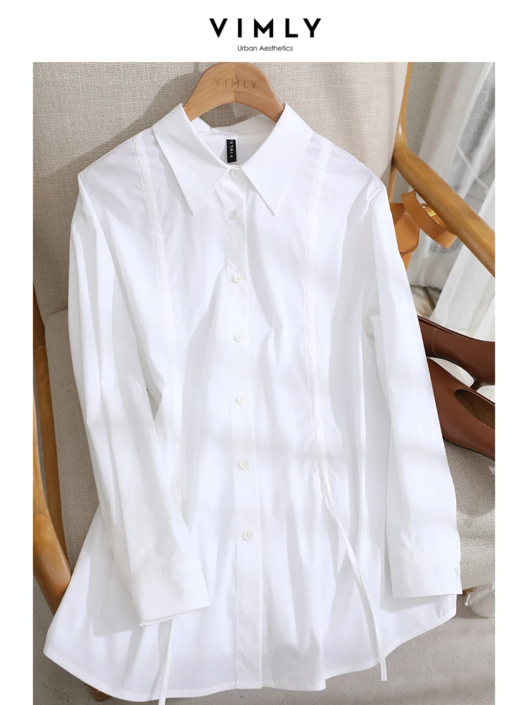 Vimly Cotton White Shirt Women\'s Long Sleeve Top 2024 Spring Fall Solid Casual Loose Lapel Shirts & Blouses Female Clothes M3208