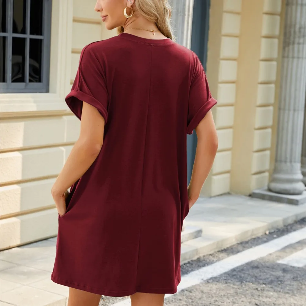 Casual Pullover T-shirt Dress For Women 2024 Summer New Item Solid Color Round Neck Pocket Loose Short Sleeved Dress Vestidos