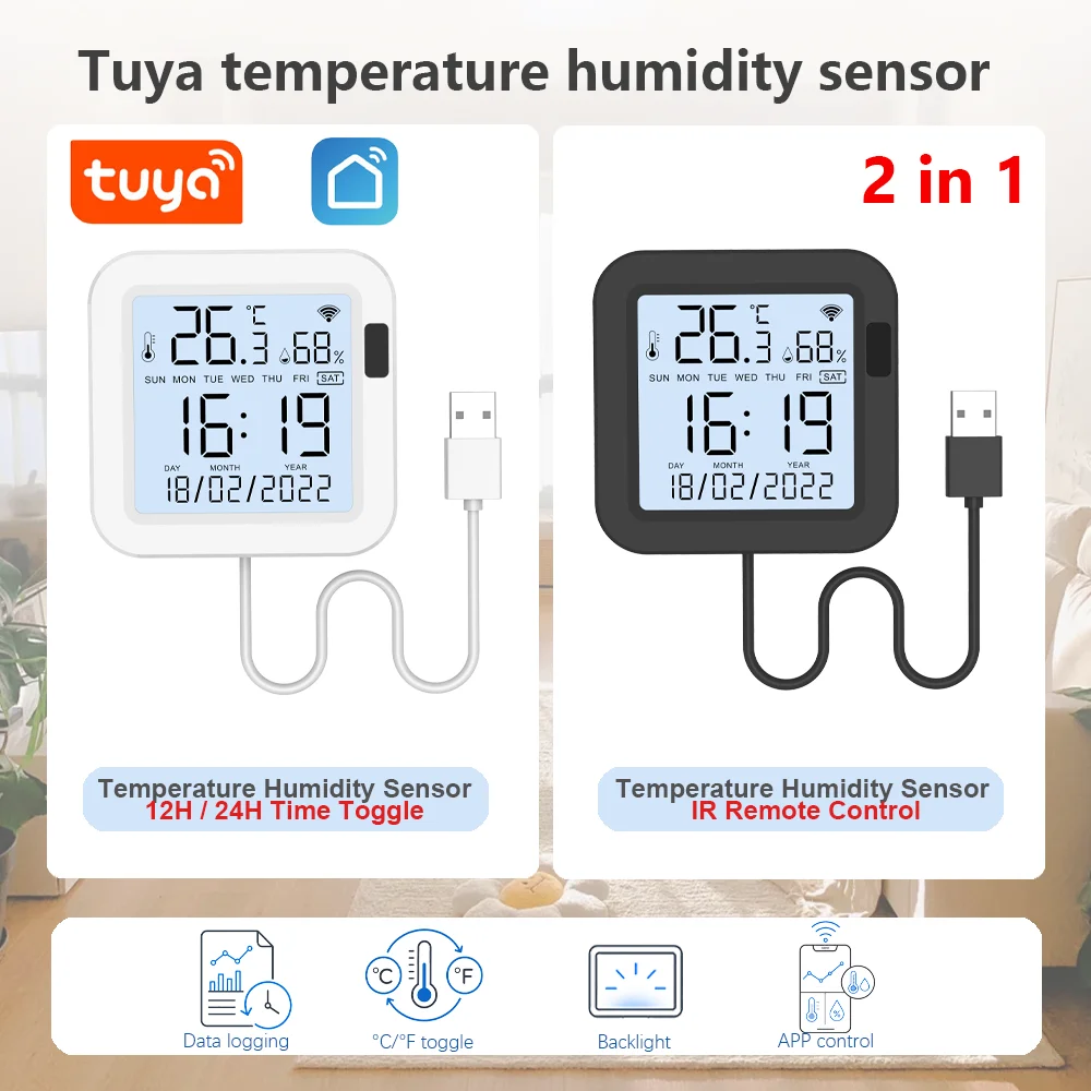 Tuya Temperature Humidity Sensor with IR Remote Control, Touch-Activated Backlight Precise Detection,App Monitor via Smart Life