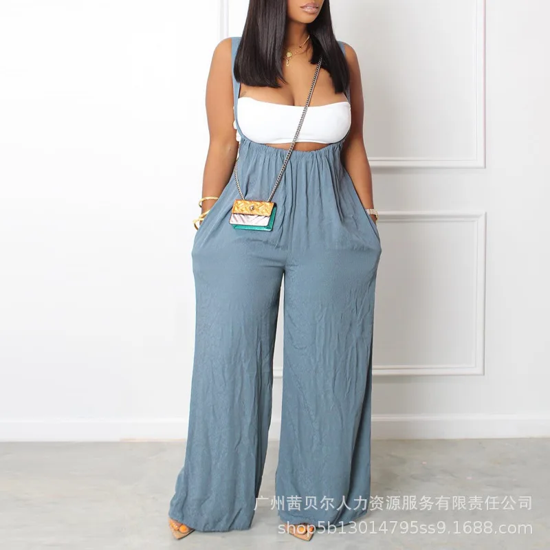 

Mandylandy Blue Overalls Trousers Women Summer Loose Wide Leg Pants Solid Color Streetwear Pockets Casual Overalls Trousers