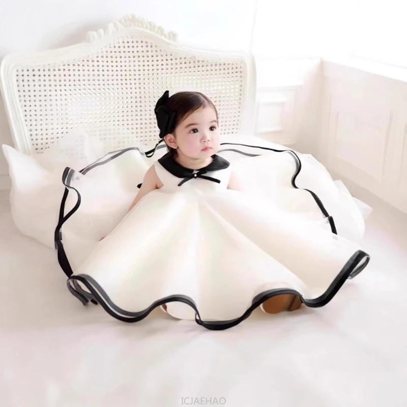 

Party Dress Costumes Korean Style Girls Tulle First Birthday Kids Flower Girl Gown Clothes Dresses Children Black Bow Collar