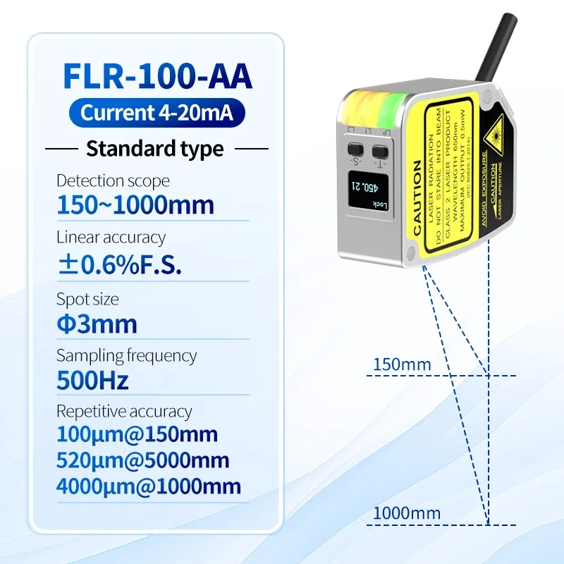 

FLR-100-AA-M OLED Display High Accuracy 0.01mm Measuring Range 100mm ModBus RTU Laser Displacement Sensor