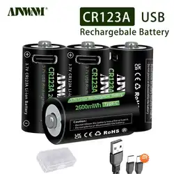 AJNWNM CR123A 16340 Rechargeable Battery 3.7V 2600mWh 16350 lithium Type-C USB Rechargeable battery For Flashlight CR123 CR17345