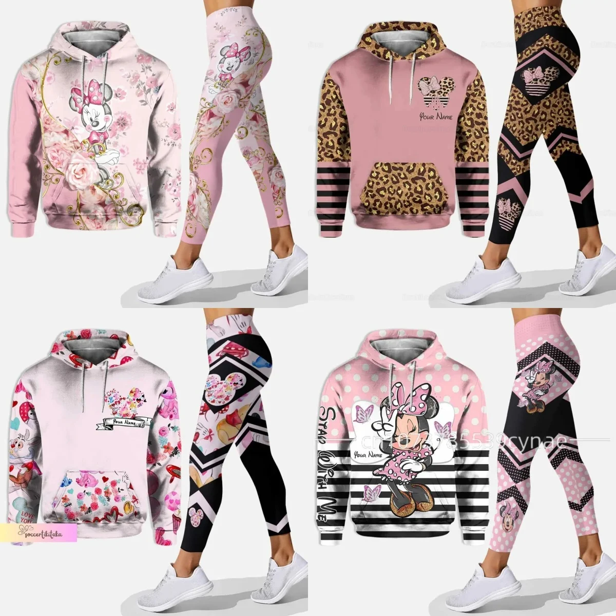 Conjunto esportivo de ioga rosa Disney para mulheres, calças esportivas, feltro com capuz essencial, sudorese, roupas esportivas de moda, 3D, 2024