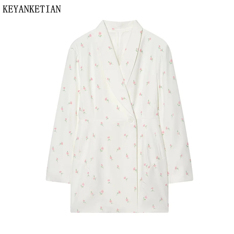 

KEYANKETIAN 2026 Spring New Women's Flower Print Suit Dress French Style Asymmetrical One-Button Long Sleeve Slim Mini Dresses