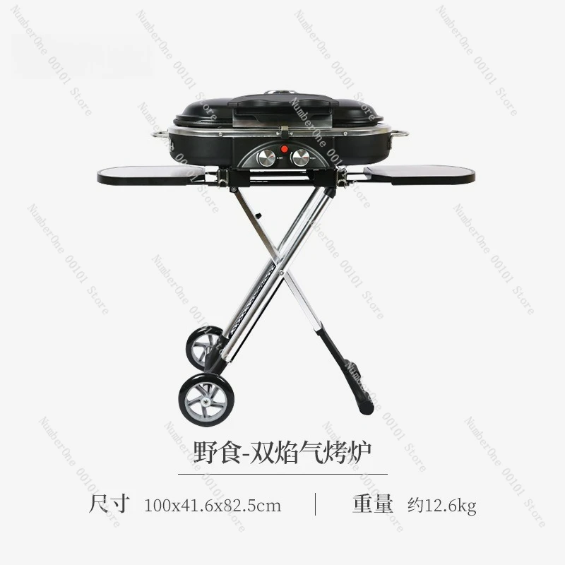 Outdoor Portable Double Head Gas Grill, Foldable Camping BBQ Stove with Carry Case for Picnic and Backyard Use