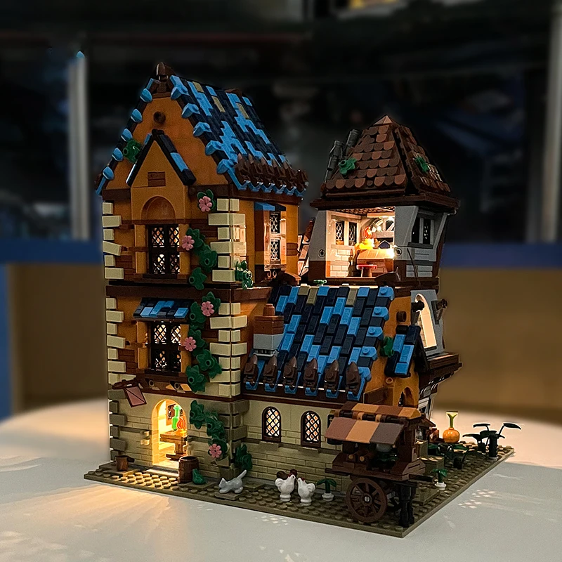 Medieval Architecture Restaurant Tavern Scene Building Blocks Atmosphere Lights Creative Streetscape Big Model Bricks Toys