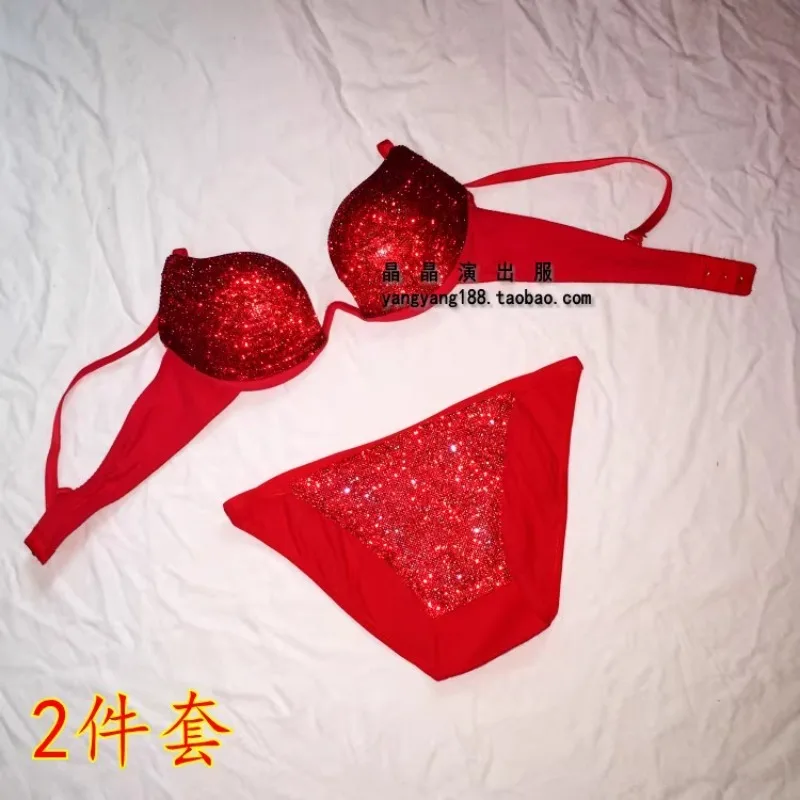 Customized Bikini Water Sparkling Bright Diamond Stage Bra Set Underwear Pole Dance Performance Dress Bellydance Bras Customes