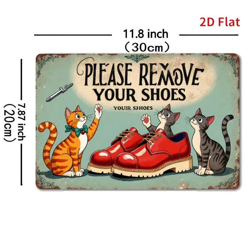 2D Flat Printing, Retro Square Sign - Cat Welcoming Shoes Politely, 8X12 Inches - Suitable for Home Decor, Bar Decoration, And O