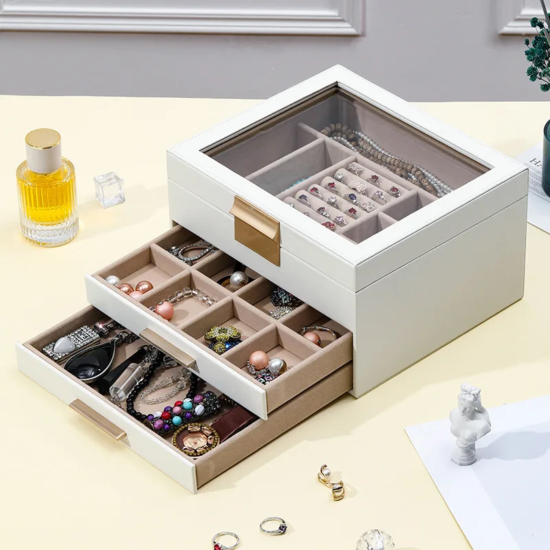 

New 3 Layers Large Capacity Jewelry Box with Glass Lid PU Leather Jewelry Storage Organizer for Watches Earrings Rings Necklaces