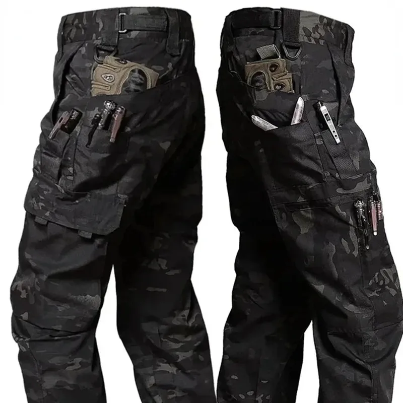 Black Camo Cargo Pants Outdoor Multi-pocket Ripstop Waterproof Trousers Male Autumn Wear-resistant Training Fishing Work Pant