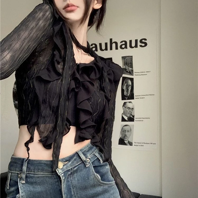 Sexy Gothic Women Lace Blouses Y2K Crop Top Elegant Black Shirt Slim Transparent Cardigan Grungefemale Korean Streetwear Top