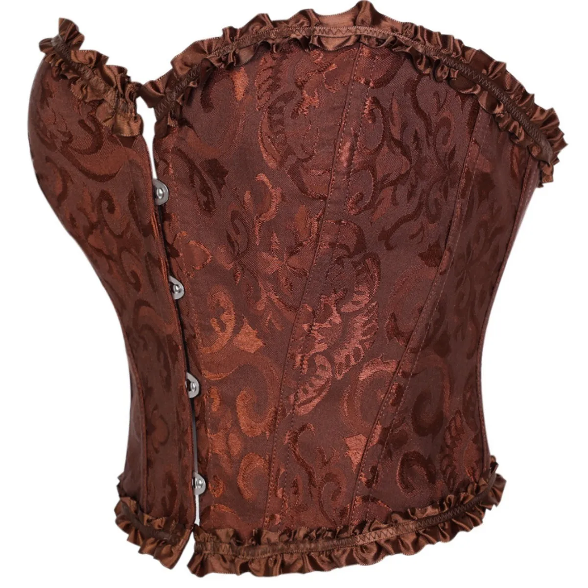 Vintage Court Style Jacquard Corset Top Steampunk Waist Trainer Boned Bustier Victorian Baroque Ruffle Trim Chocolate Brown