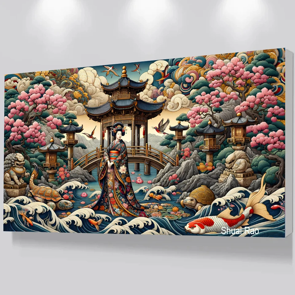 Diy vibrant Diamond Painting scene with a woman in a kimono, cherry blossoms, pagodas, koi fish dynamic waves.Mosaic Art Decor