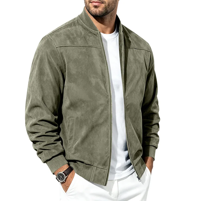 Herren Herbst- und Winter-Freizeitjacke in Übergröße aus Wildleder mit Reißverschluss und Stehkragen, Langarm – Detail 12