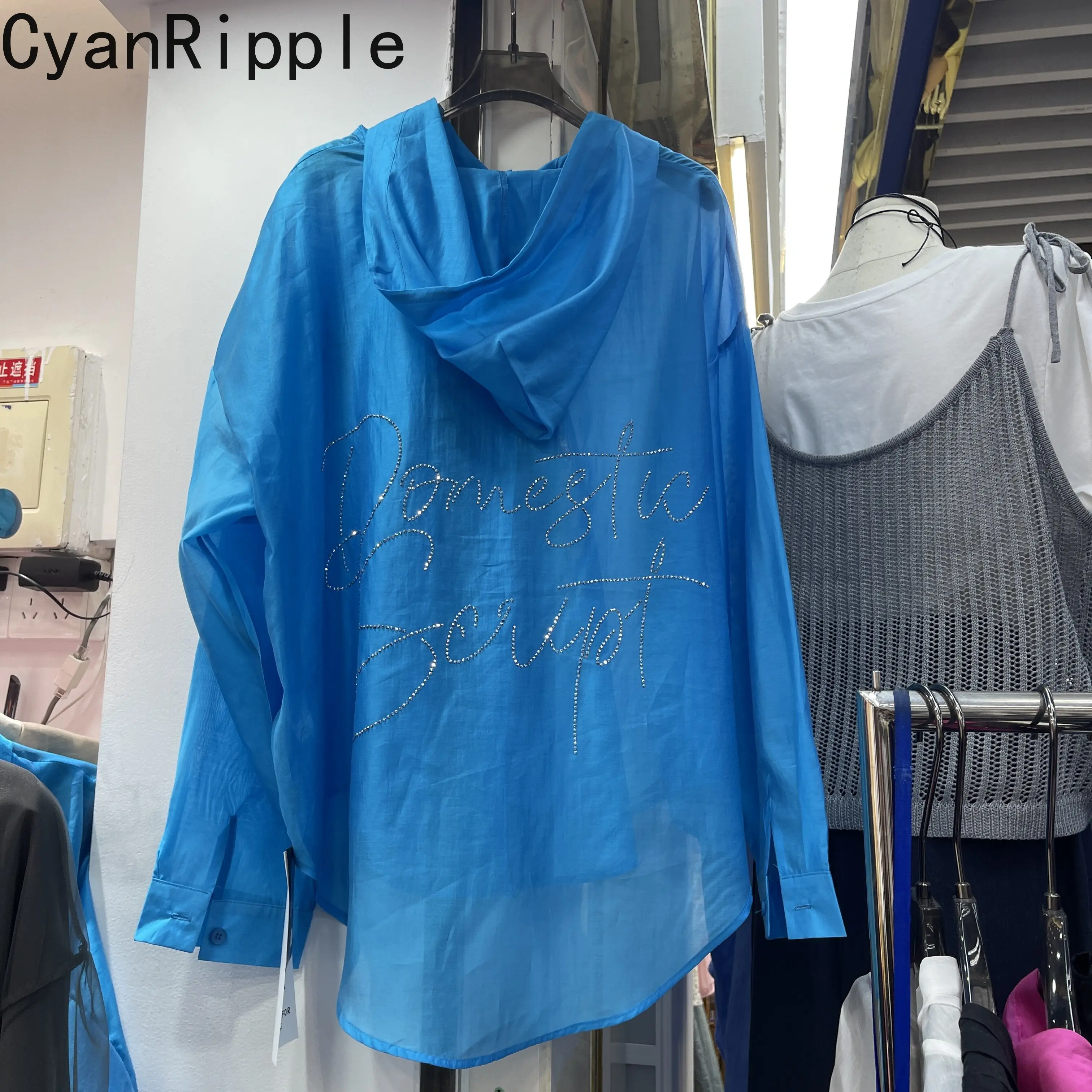 

Multi Color New Spring Summer Long Sleeve Hooded Blouses Mid-long Loose Cardigans Top Letters Hot Diamonds Sun Protection Shirts