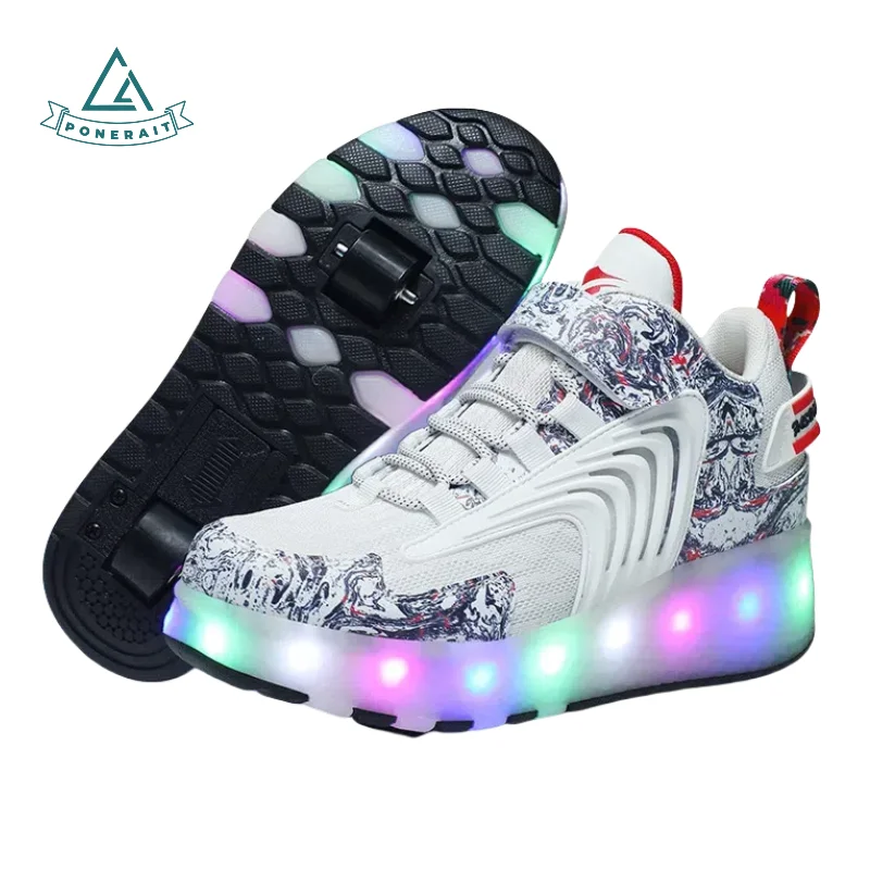 

PONERAIT Kids LED Light-Up Roller Skates with Detachable Dual Wheels - New Unisex Leather Design Skate Shoes for Children