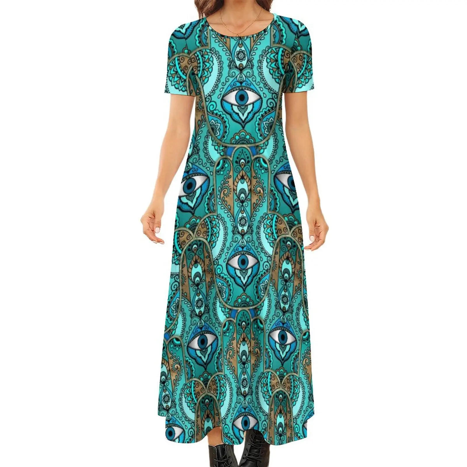 

Hamsa Hand Dress Vintage Print Modern Maxi Dress Short Sleeve Street Fashion Boho Beach Long Dresses Women Oversize Vestido