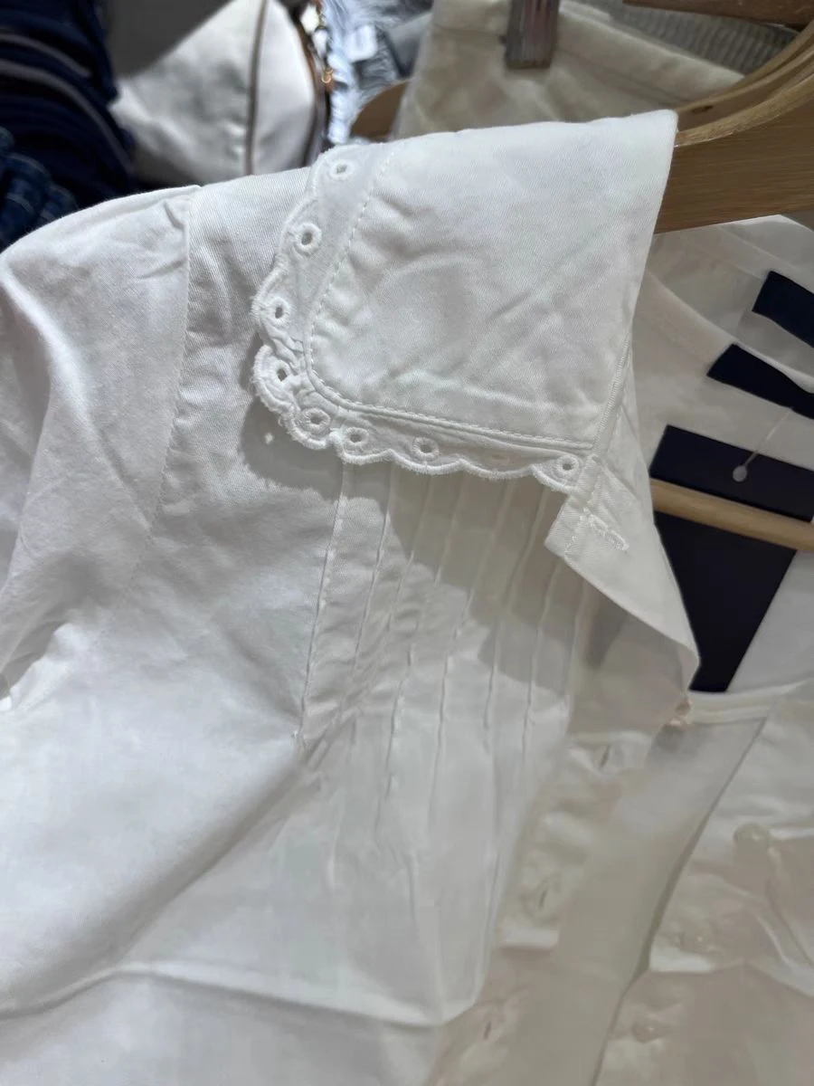 レーストリム白ひだブラウス女性ターンダウン襟シングルブレスト綿長袖シャツ固体ベーシックカジュアルブラウス Y2k トップ