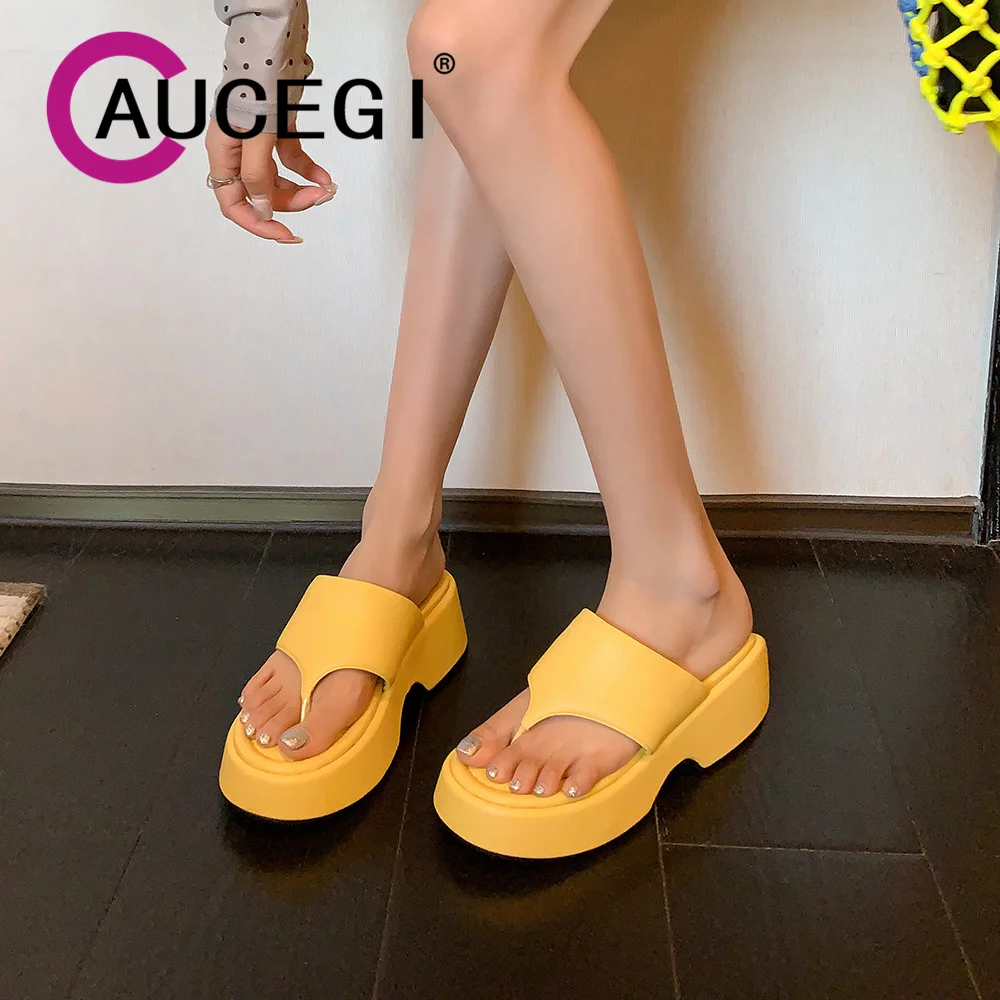Aucegi Women Summer New Retro Clip Toe Sandals Slipper Genuine Leather Fashion Platform Flats Bottom Dress Casual Shoes Yellow