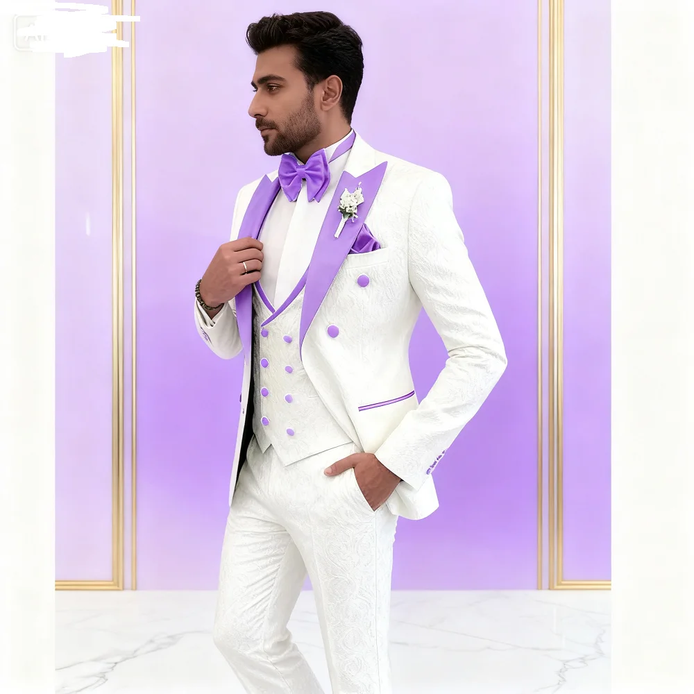 

Men's Floral Wedding Tuxedo 3-Piece Set Double Breasted Jacket with Vest Peak Lapel Groom's Fashion Suit Male Wedding Attire
